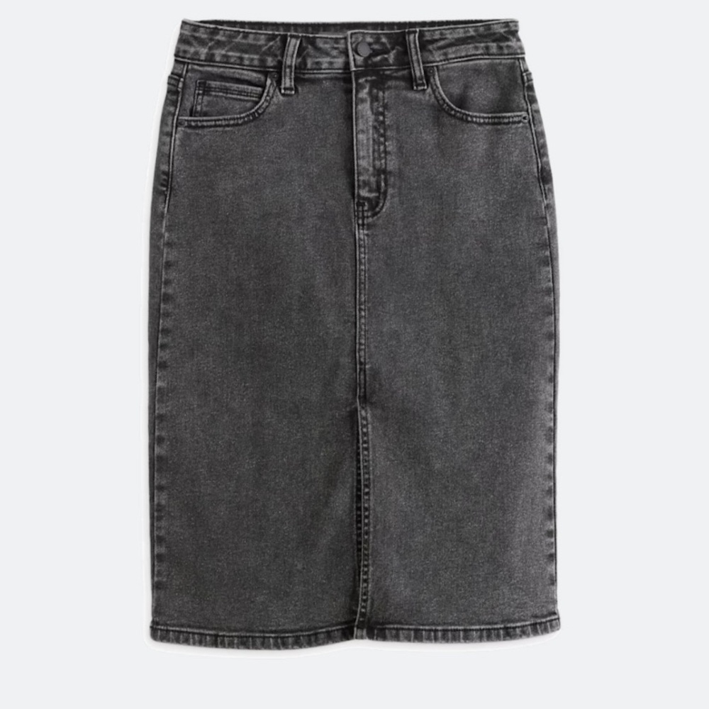 Just USA Washed Black High-Rise Midi Denim Skirt